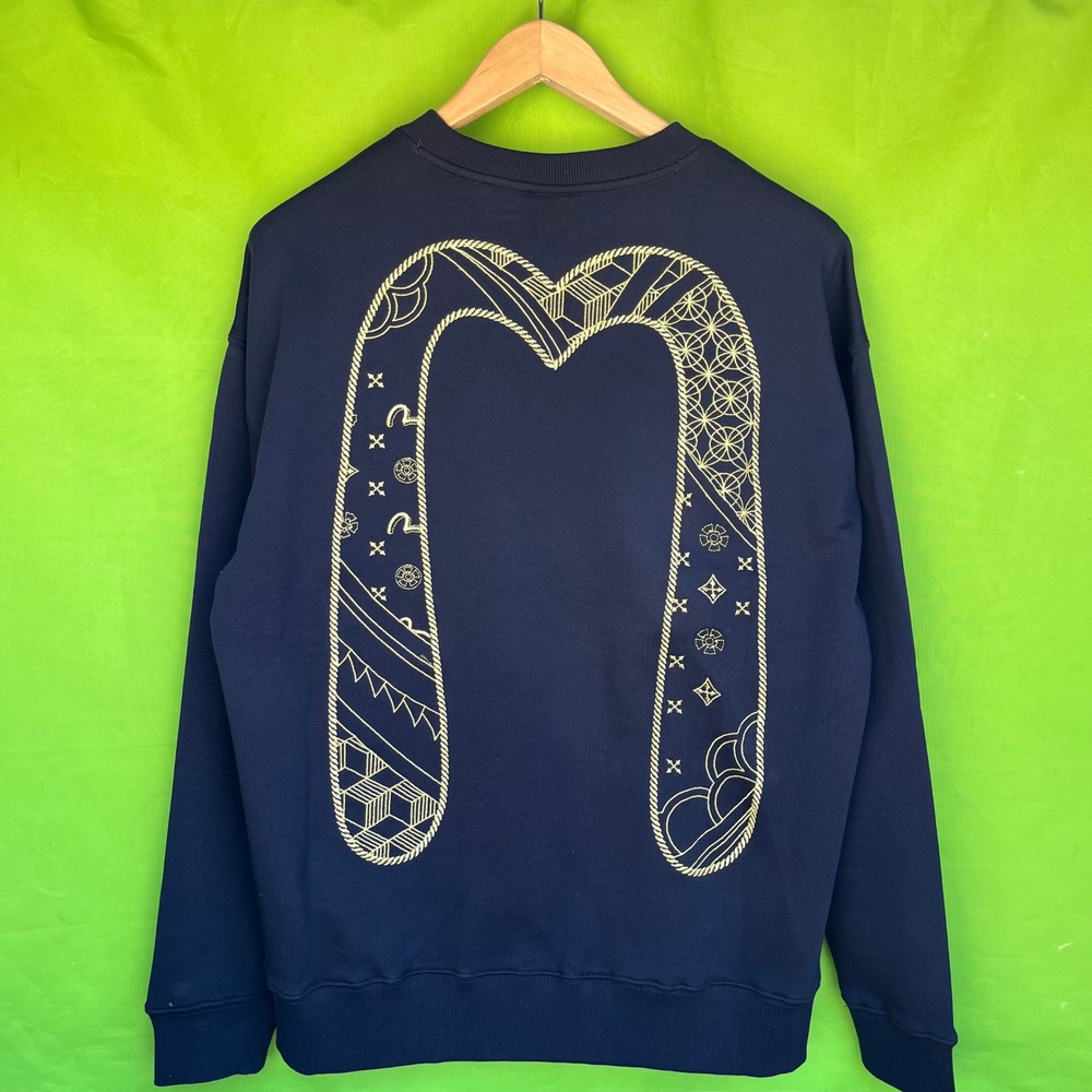 NWT Evisu Navy Blue Seagull Daicock Crewneck Sweatshirt Gold Pattern Mens Large